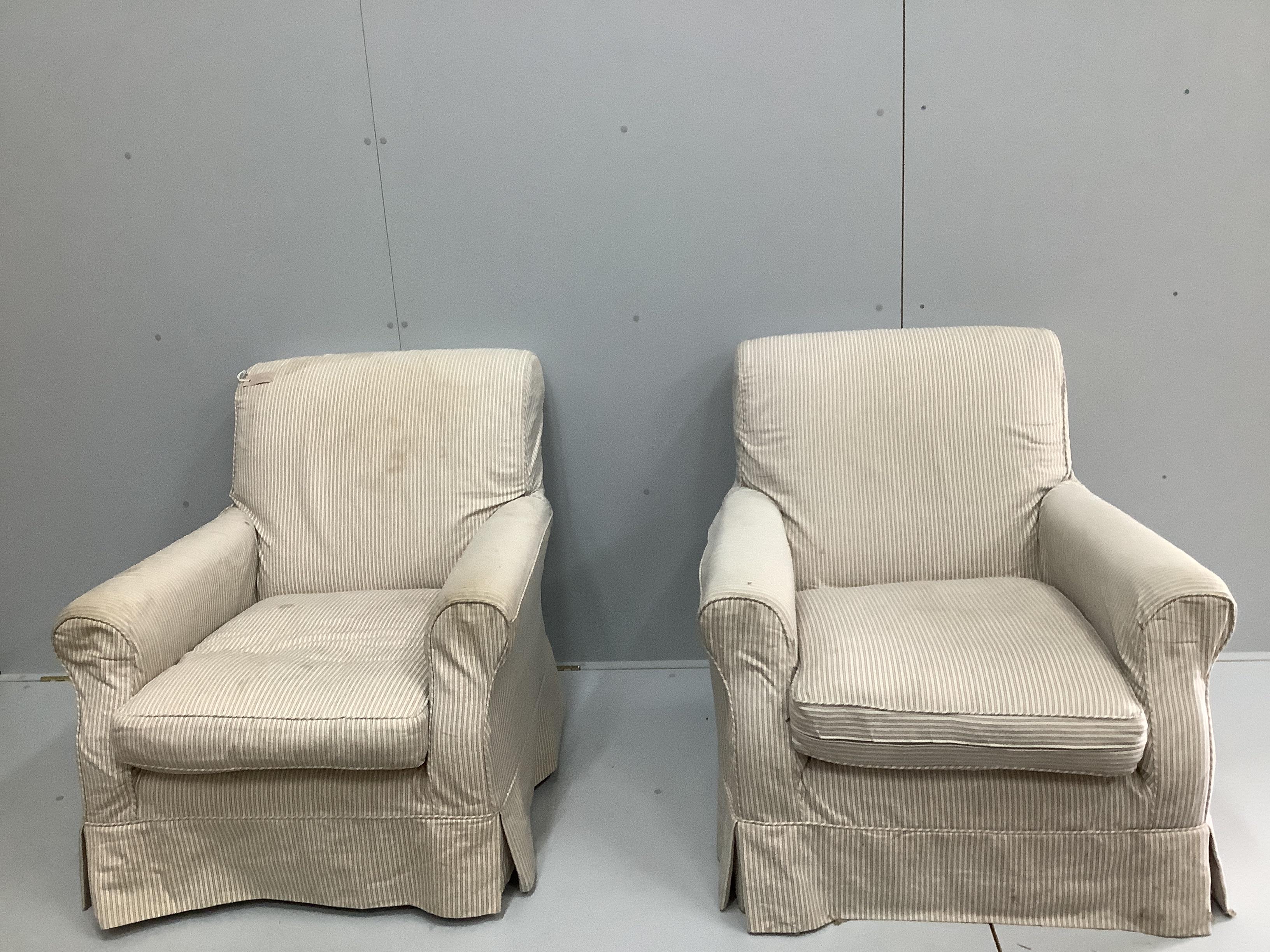 A pair of modern contemporary Howard style upholstered library armchairs on square tapered beech legs, width 80cm, depth 94cm, height 84cm